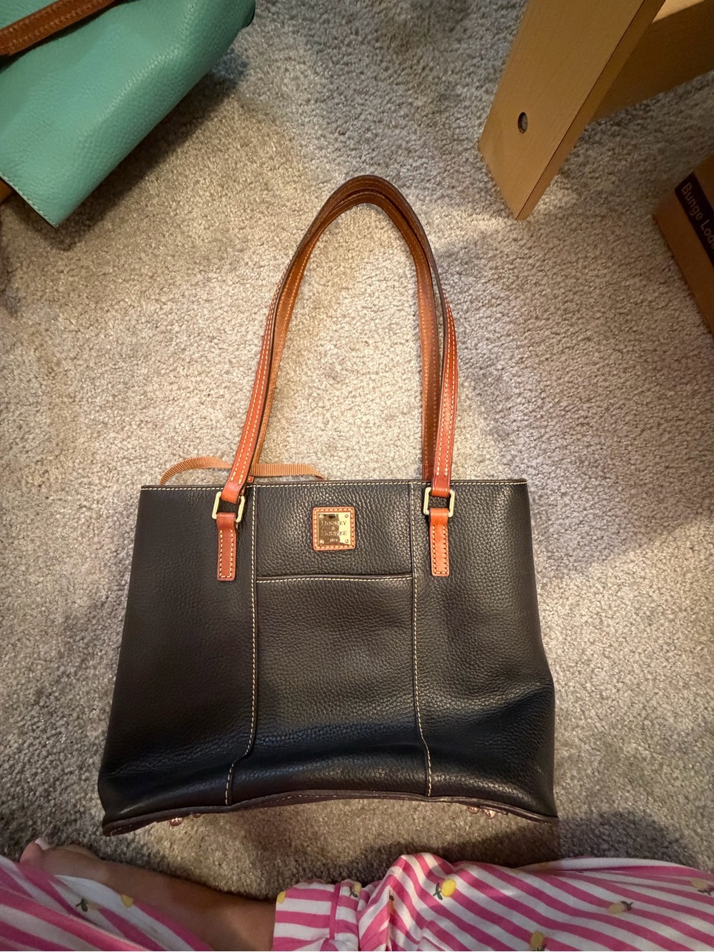 Dooney & Bourke Black Leather Tote with Brown Handles